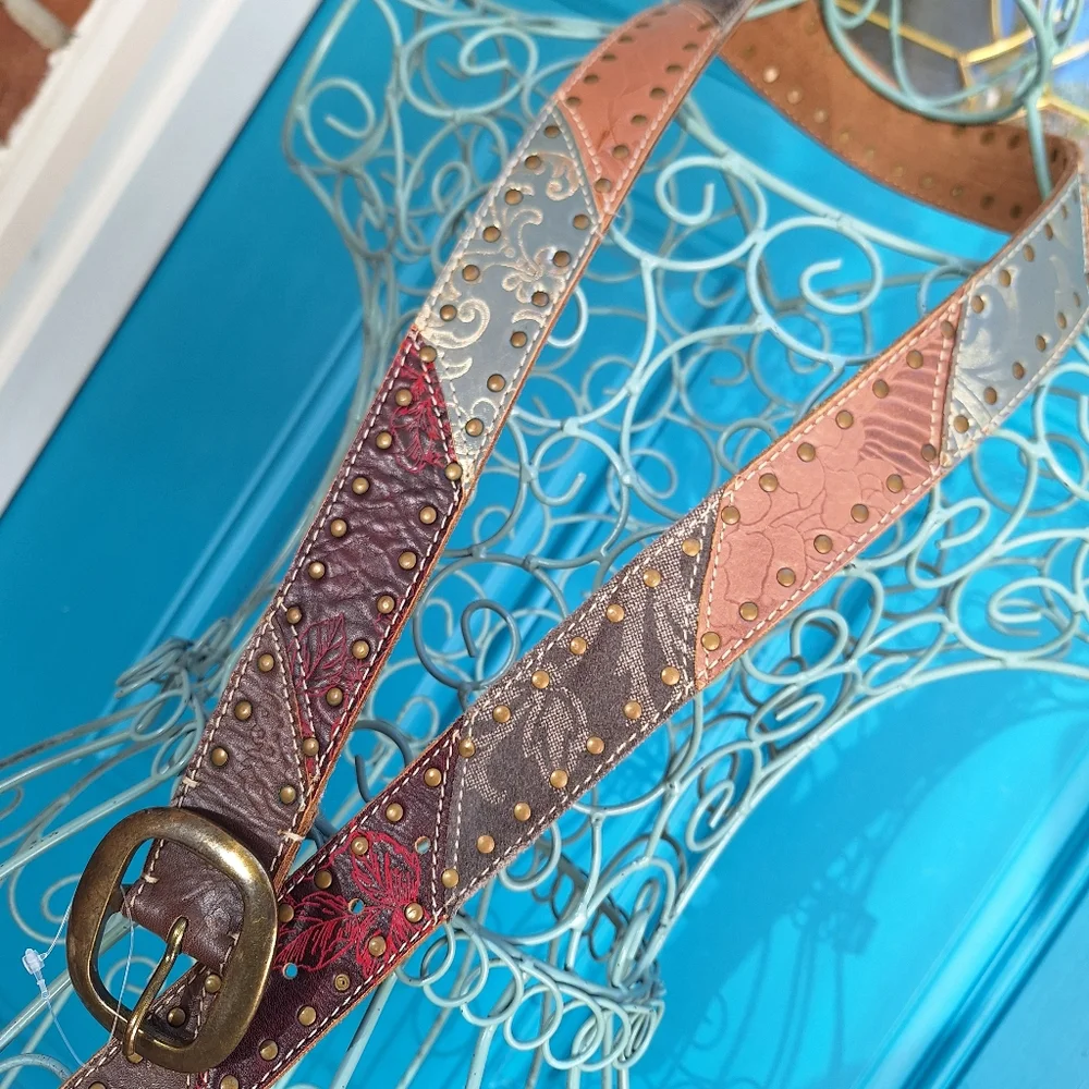 Genuine Leather Belt Metal Studded Embossed Patchwork Bohemian Tooled Womens - Picture 11 of 16